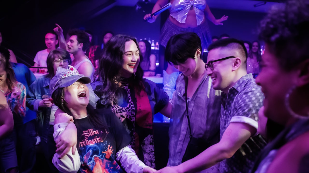 Still 1 Kelly Marie Tran Lily Gladstone Han Gi Chan and Bowen Yang in THE WEDDING BANQUET credit Luka Cyprian Bleecker Street